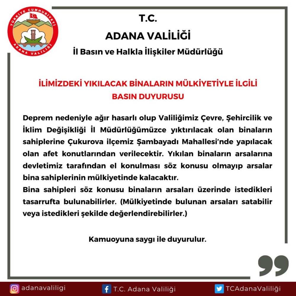 Adana Valiliği’nden yıkılacak binaların arsalarıyla ilgili açıklama Kaynak: Adana Valiliği’nden yıkılacak binaların arsalarıyla ilgili açıklama 